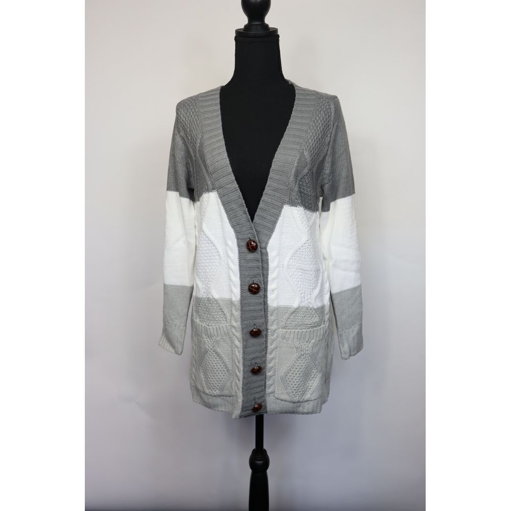 Grey and White Cable Knit Button Cardigan Size Large